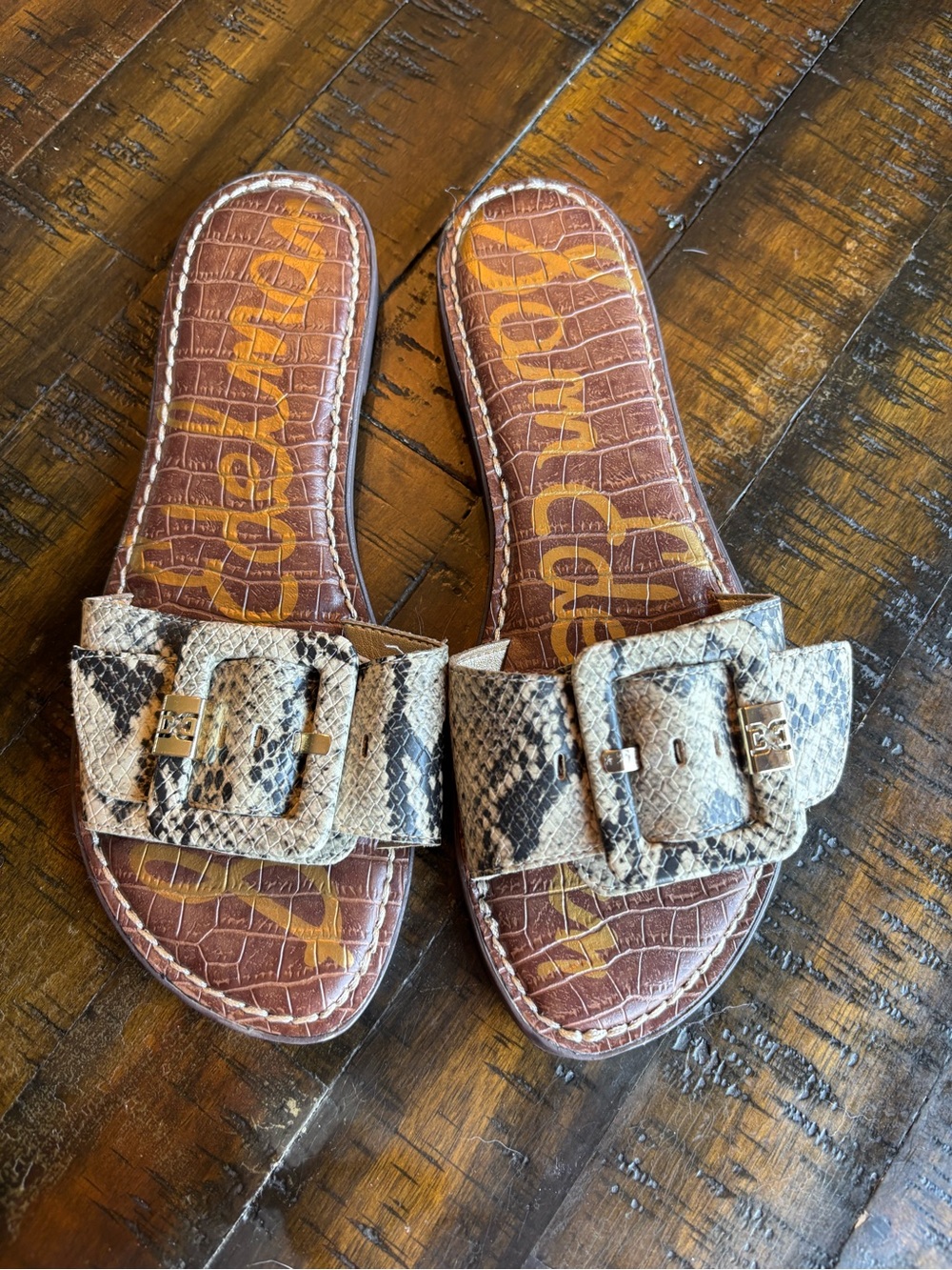 Sam Edelman Snake-Print Buckle Slide Sandals in Neutral Tones